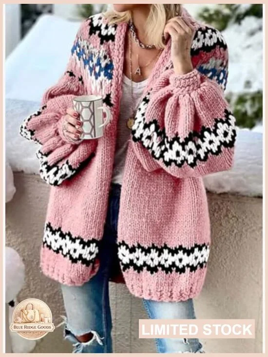 Oversized V-Neck Cardigan Sweater Chunky Knit Open Front Patterned Fall Casual - Picture 2 of 2